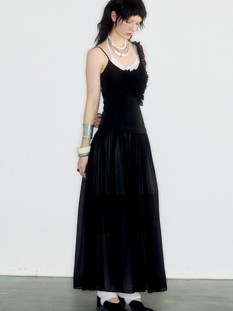 ENDO PER SE Sheer Tulle Lace Pleated Low Waist Women's Lyocell Blend Slip Maxi Dresses