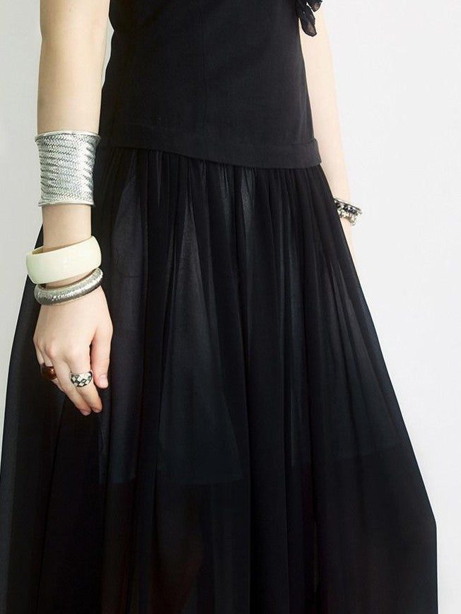 ENDO PER SE Sheer Tulle Lace Pleated Low Waist Women's Lyocell Blend Slip Maxi Dresses