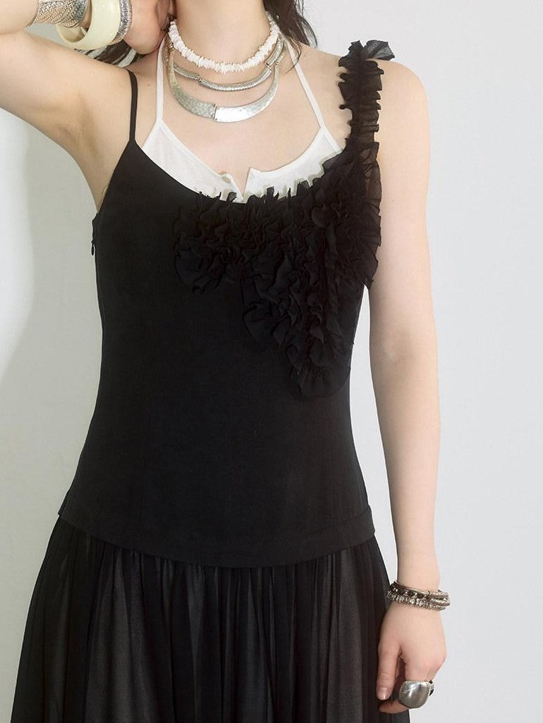 ENDO PER SE Sheer Tulle Lace Pleated Low Waist Women's Lyocell Blend Slip Maxi Dresses