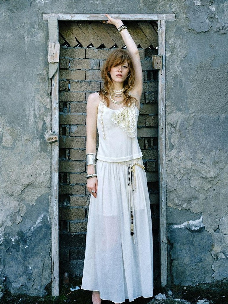 ENDO PER SE Sheer Tulle Lace Pleated Low Waist Women's Lyocell Blend Slip Maxi Dresses