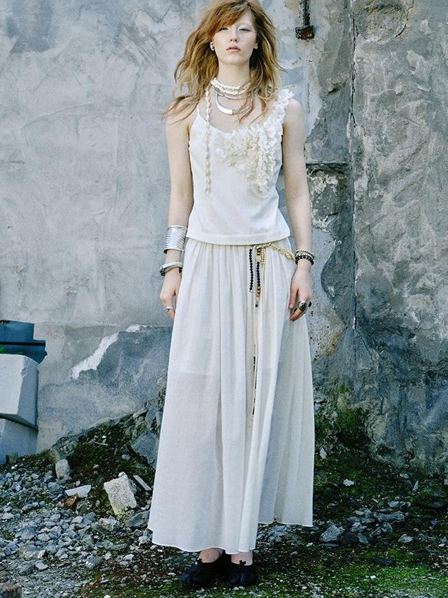 ENDO PER SE Sheer Tulle Lace Pleated Low Waist Women's Lyocell Blend Slip Maxi Dresses