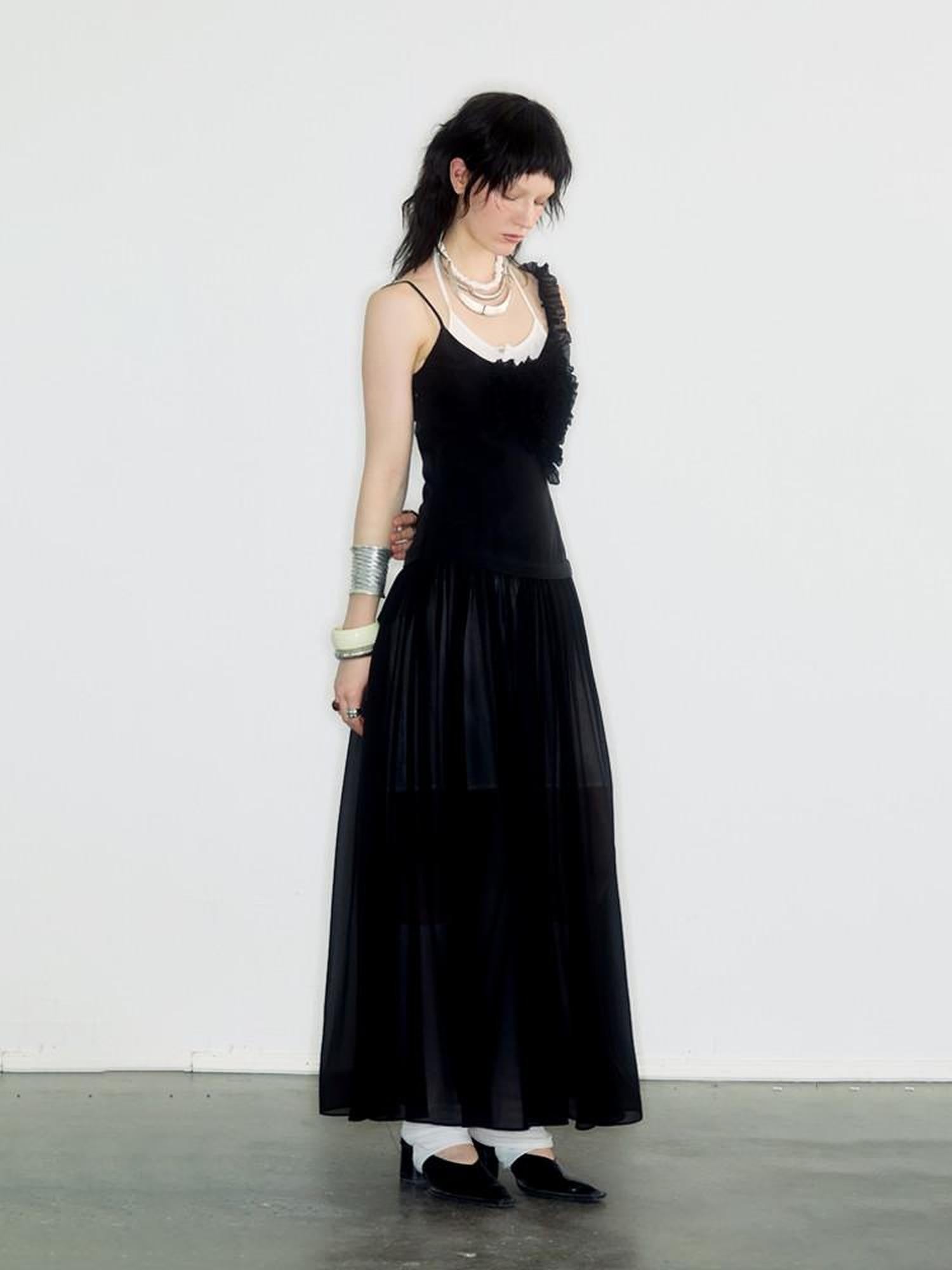 ENDO PER SE Sheer Tulle Lace Pleated Low Waist Women's Lyocell Blend Slip Maxi Dresses
