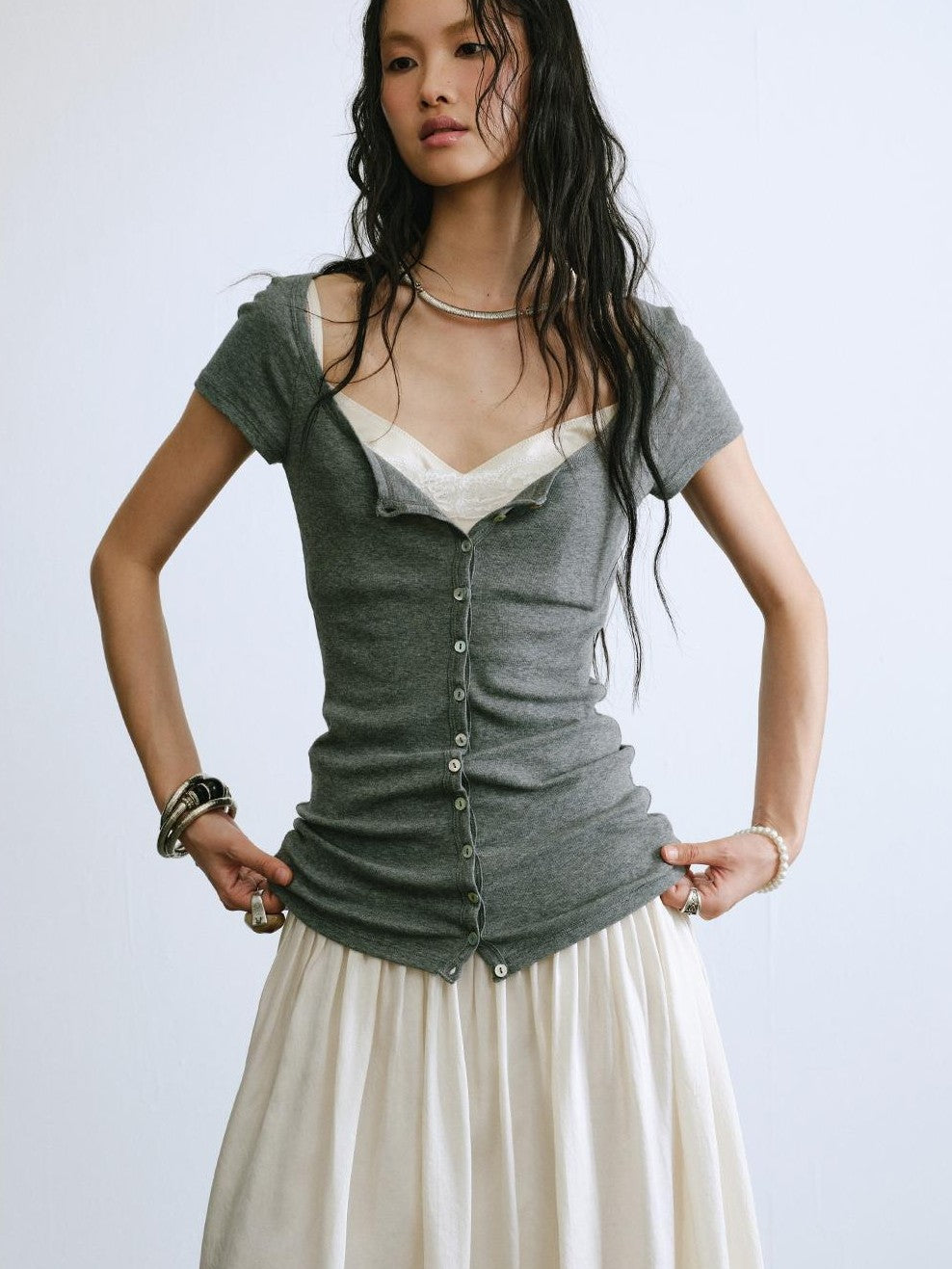 ENDO PER SE Slim Fit U Neck Button Front Sheer Solid Cotton Women's Short Sleeve T-shirts