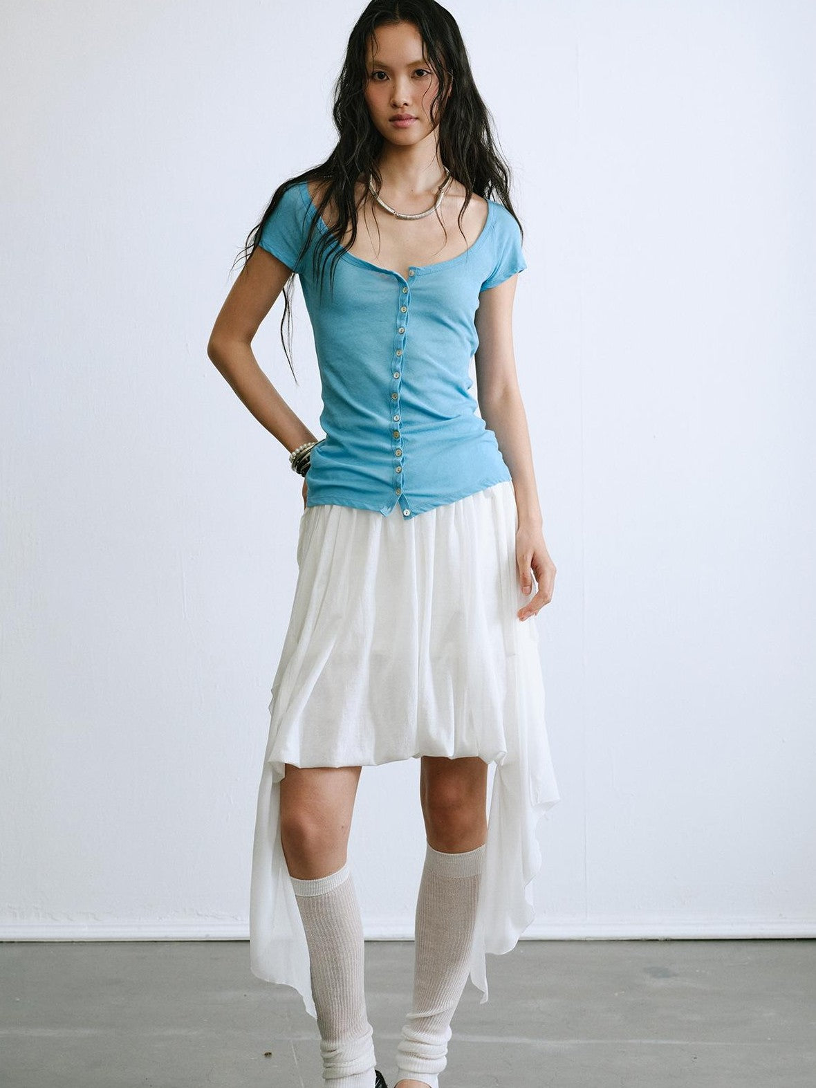ENDO PER SE Slim Fit U Neck Button Front Sheer Solid Cotton Women's Short Sleeve T-shirts