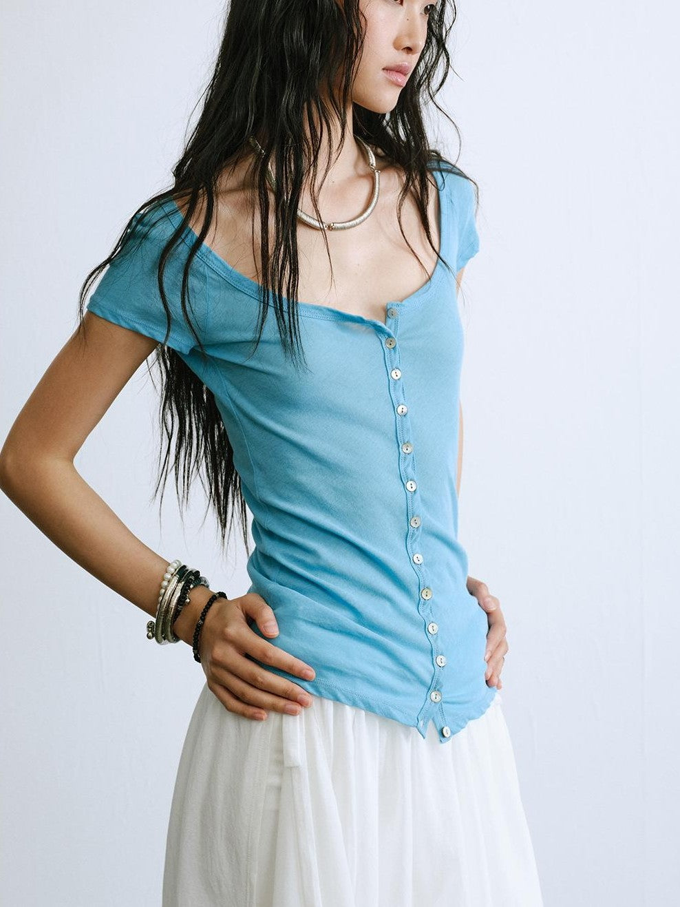 ENDO PER SE Slim Fit U Neck Button Front Sheer Solid Cotton Women's Short Sleeve T-shirts