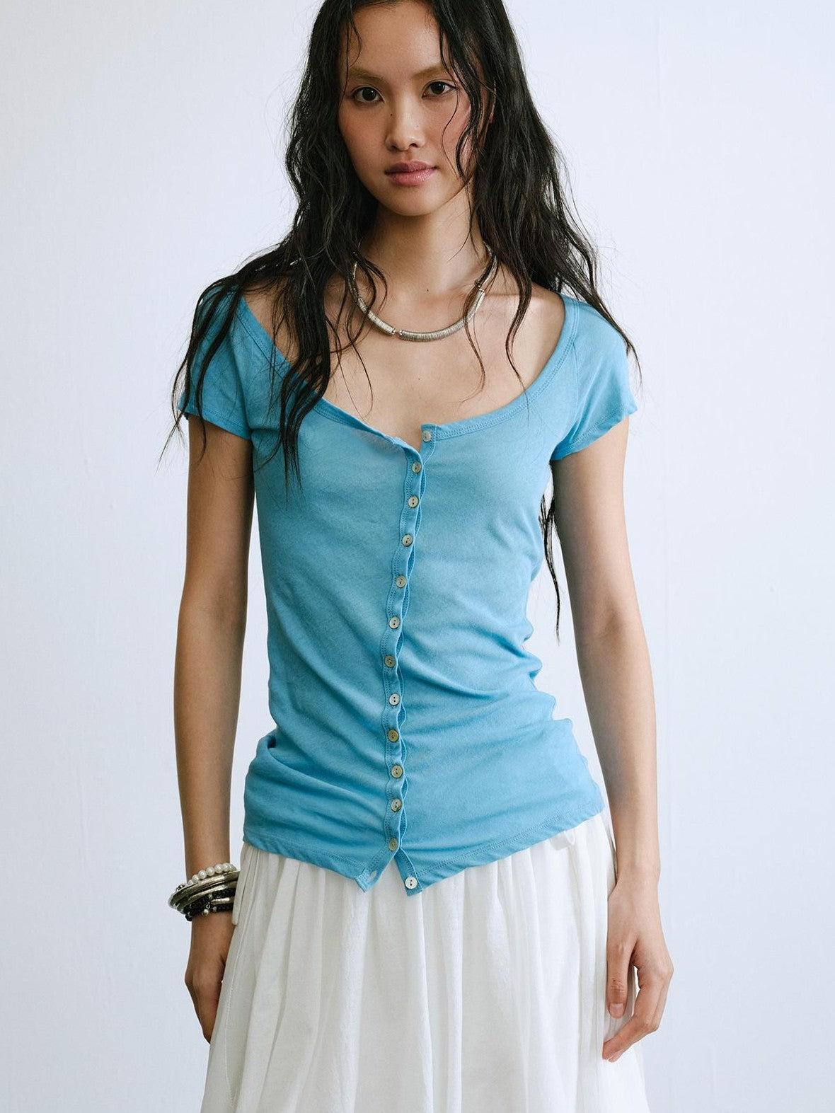 ENDO PER SE Slim Fit U Neck Button Front Sheer Solid Cotton Women's Short Sleeve T-shirts