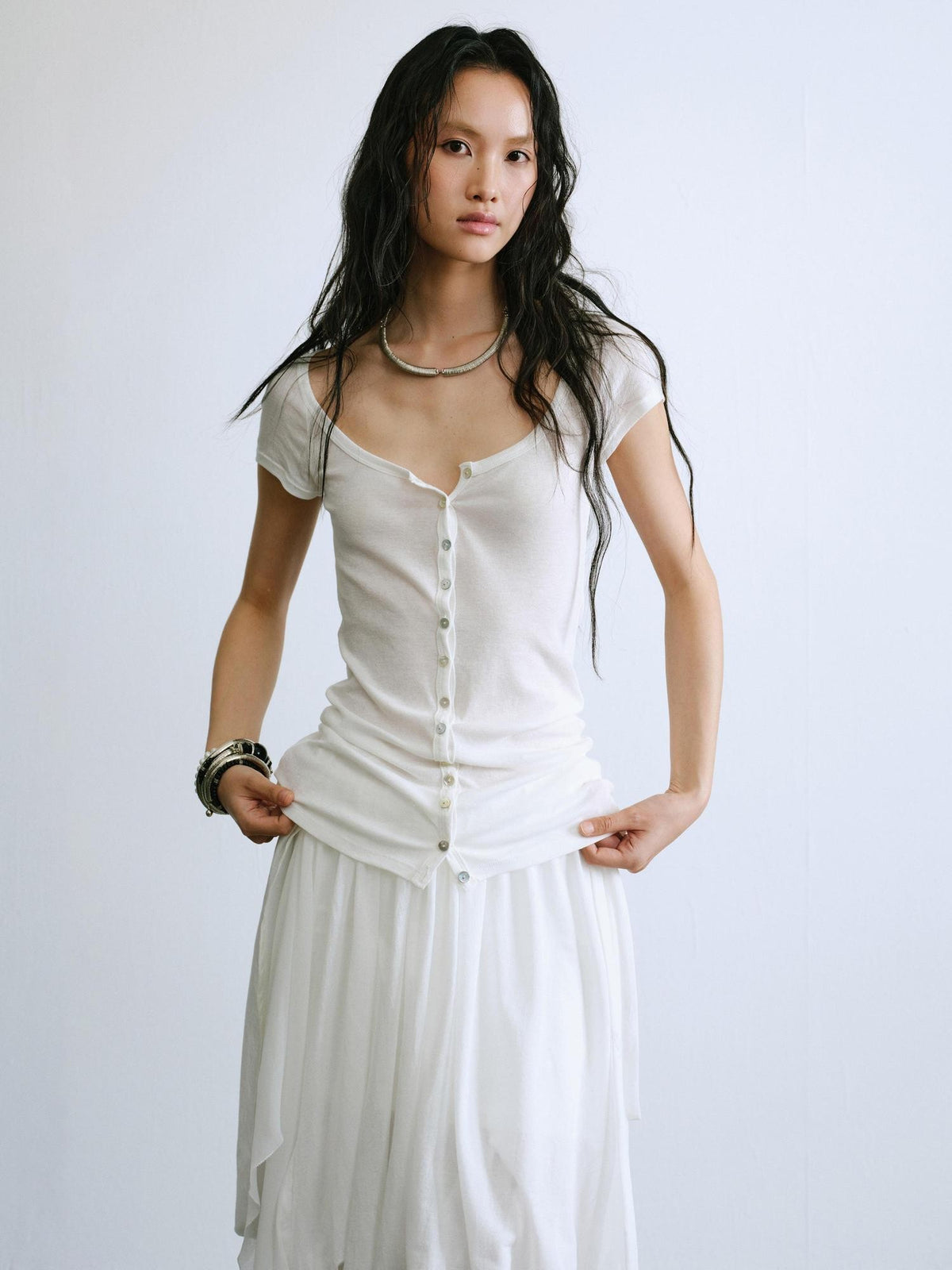 ENDO PER SE Slim Fit U Neck Button Front Sheer Solid Cotton Women's Short Sleeve T-shirts