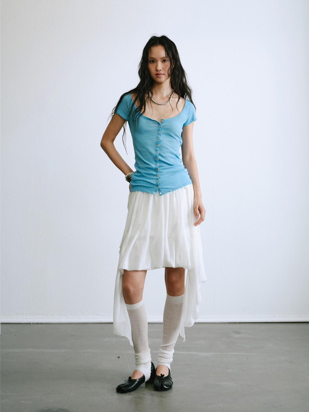 ENDO PER SE Slim Fit U Neck Button Front Sheer Solid Cotton Women's Short Sleeve T-shirts