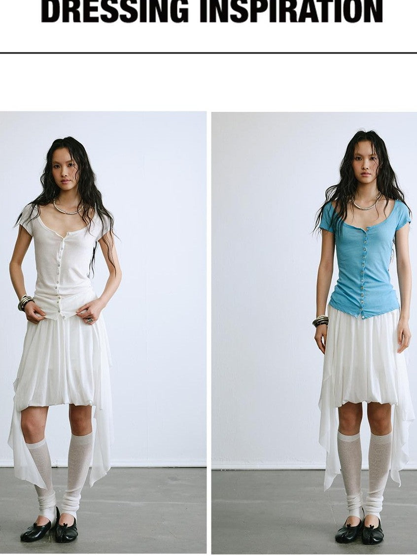 ENDO PER SE Slim Fit U Neck Button Front Sheer Solid Cotton Women's Short Sleeve T-shirts