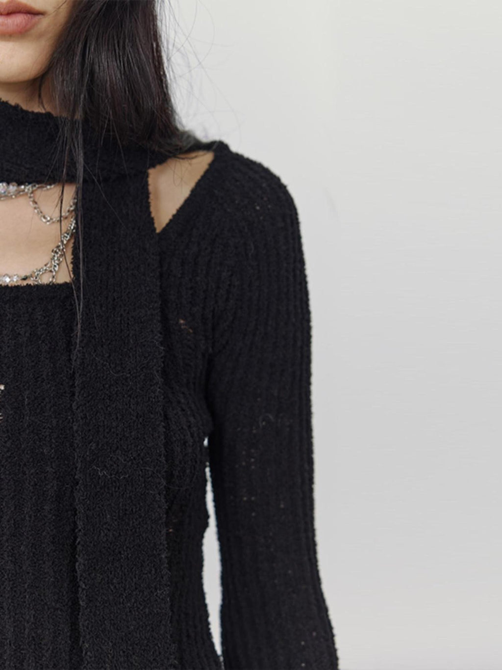 ENDO PER SE Soft Scarf Detail Off Shoulder Long Sleeve Pullover Women's Polyester Sweaters