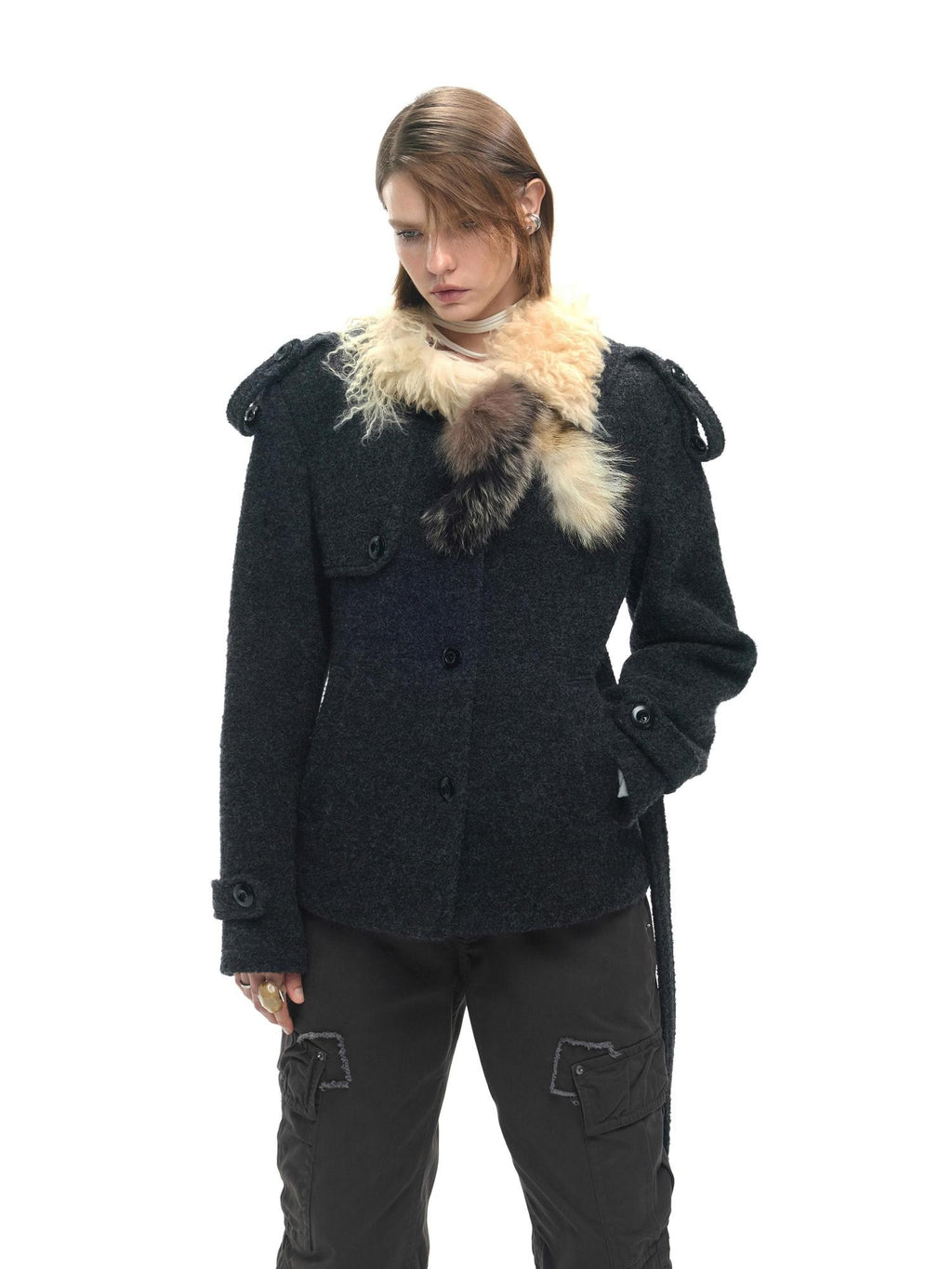 ENDO PER SE Solid Color Structured Round Neck Wool Women's Short Coats