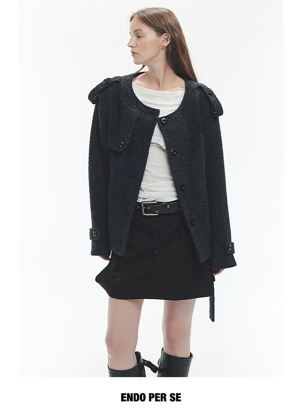 ENDO PER SE Solid Color Structured Round Neck Wool Women's Short Coats