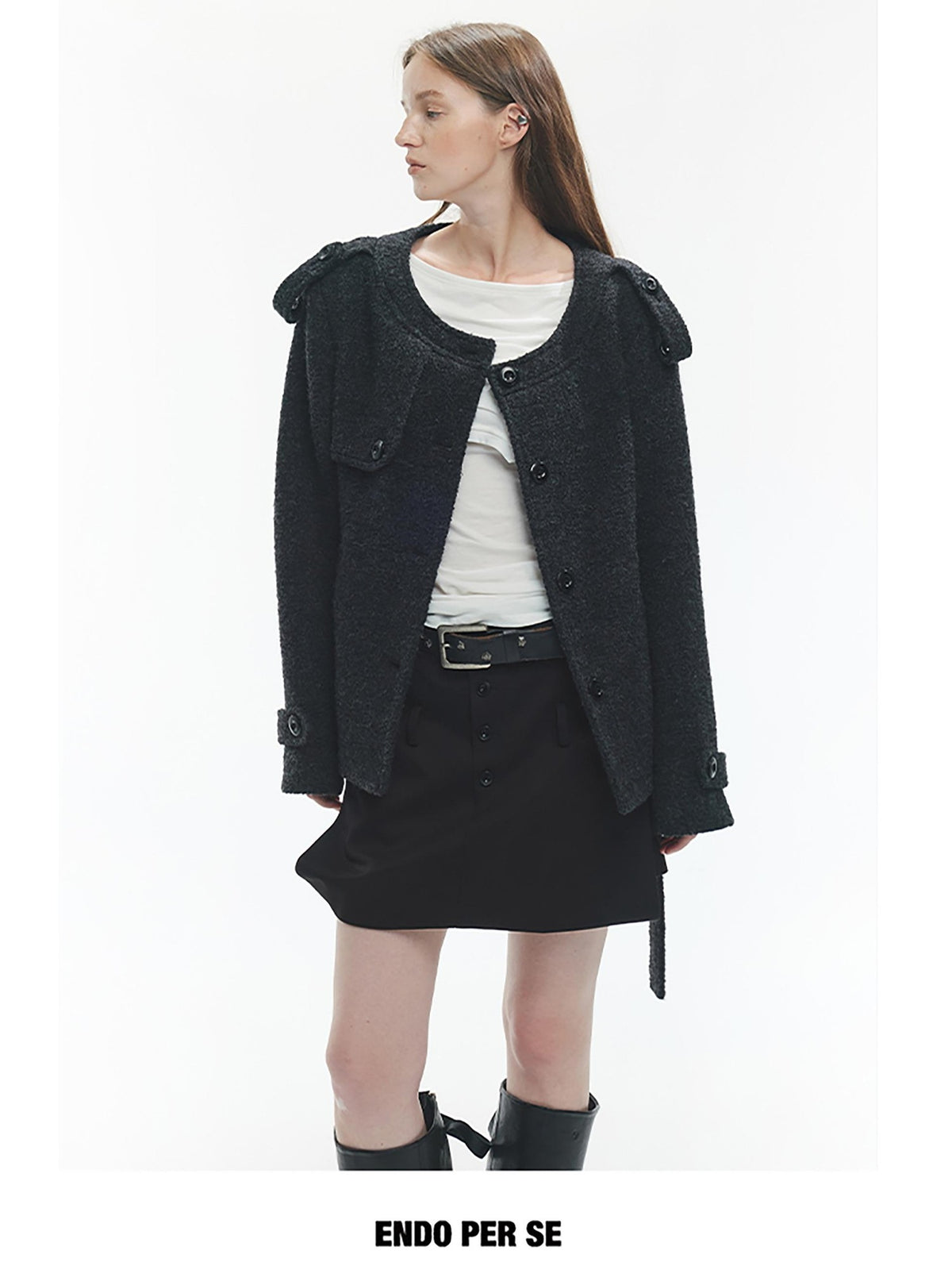 ENDO PER SE Solid Color Structured Round Neck Wool Women's Short Coats