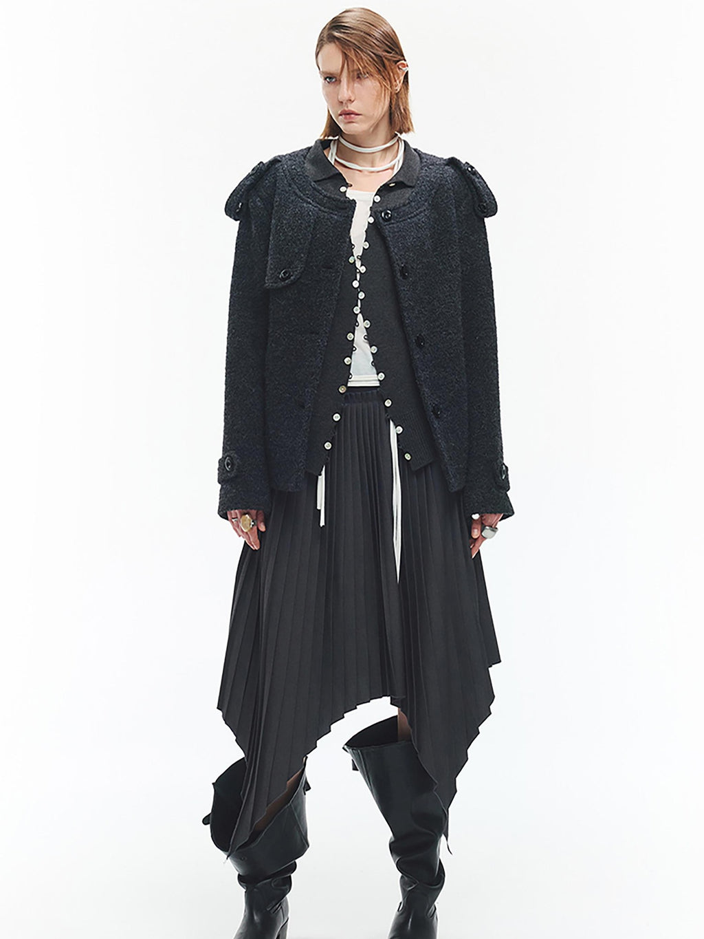 ENDO PER SE Solid Color Structured Round Neck Wool Women's Short Coats