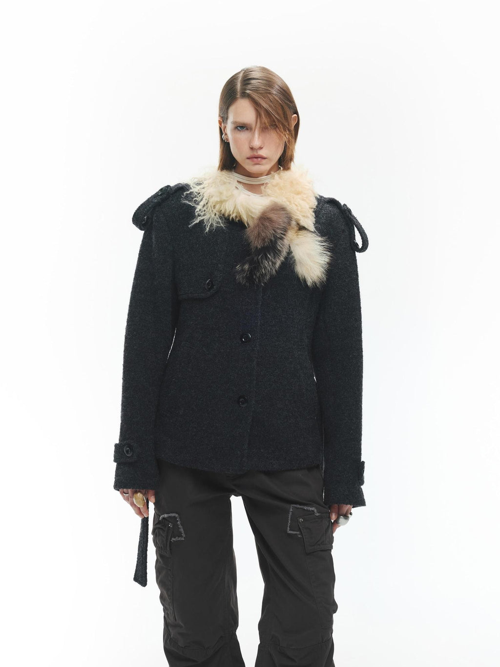 ENDO PER SE Solid Color Structured Round Neck Wool Women's Short Coats