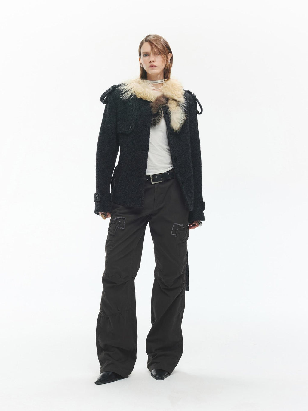 ENDO PER SE Solid Color Structured Round Neck Wool Women's Short Coats