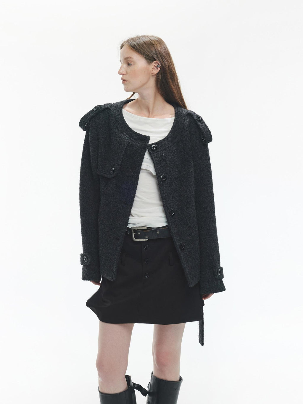 ENDO PER SE Solid Color Structured Round Neck Wool Women's Short Coats