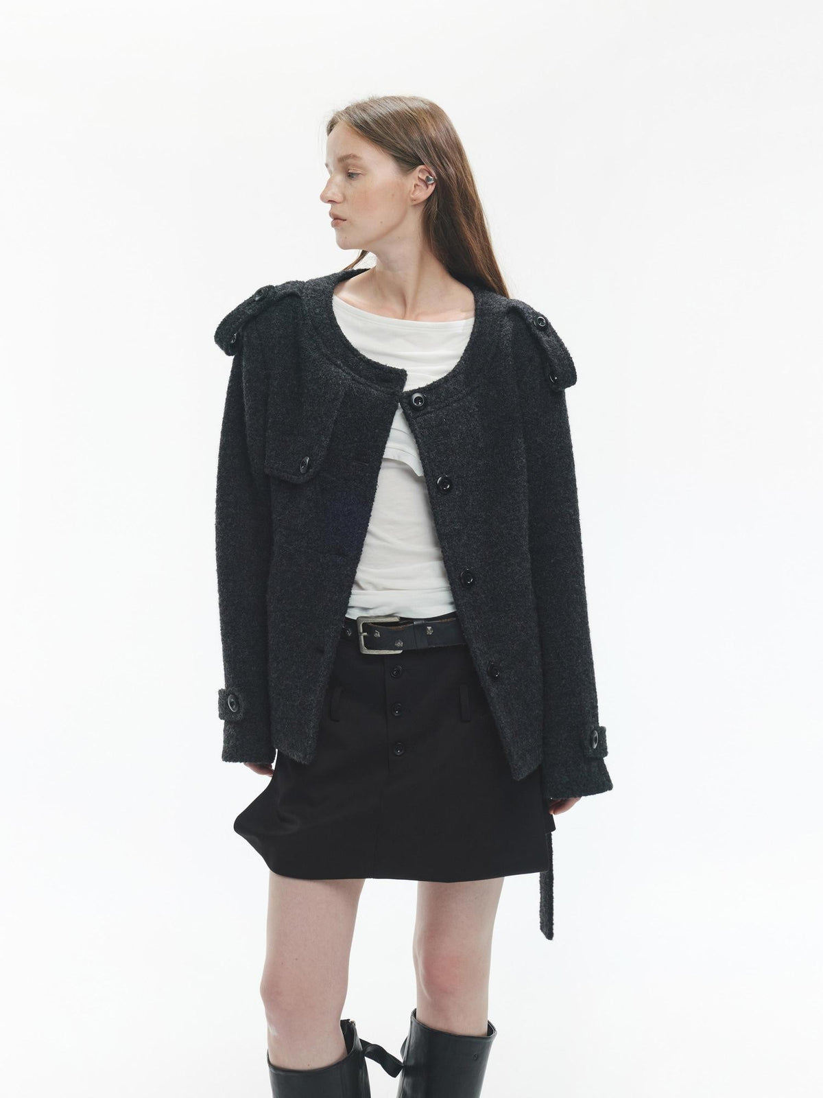 ENDO PER SE Solid Color Structured Round Neck Wool Women's Short Coats
