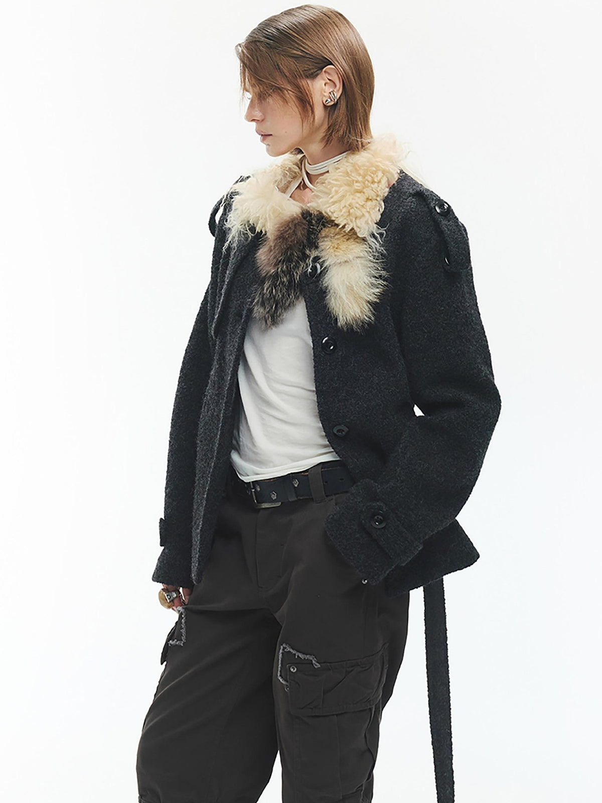 ENDO PER SE Solid Color Structured Round Neck Wool Women's Short Coats