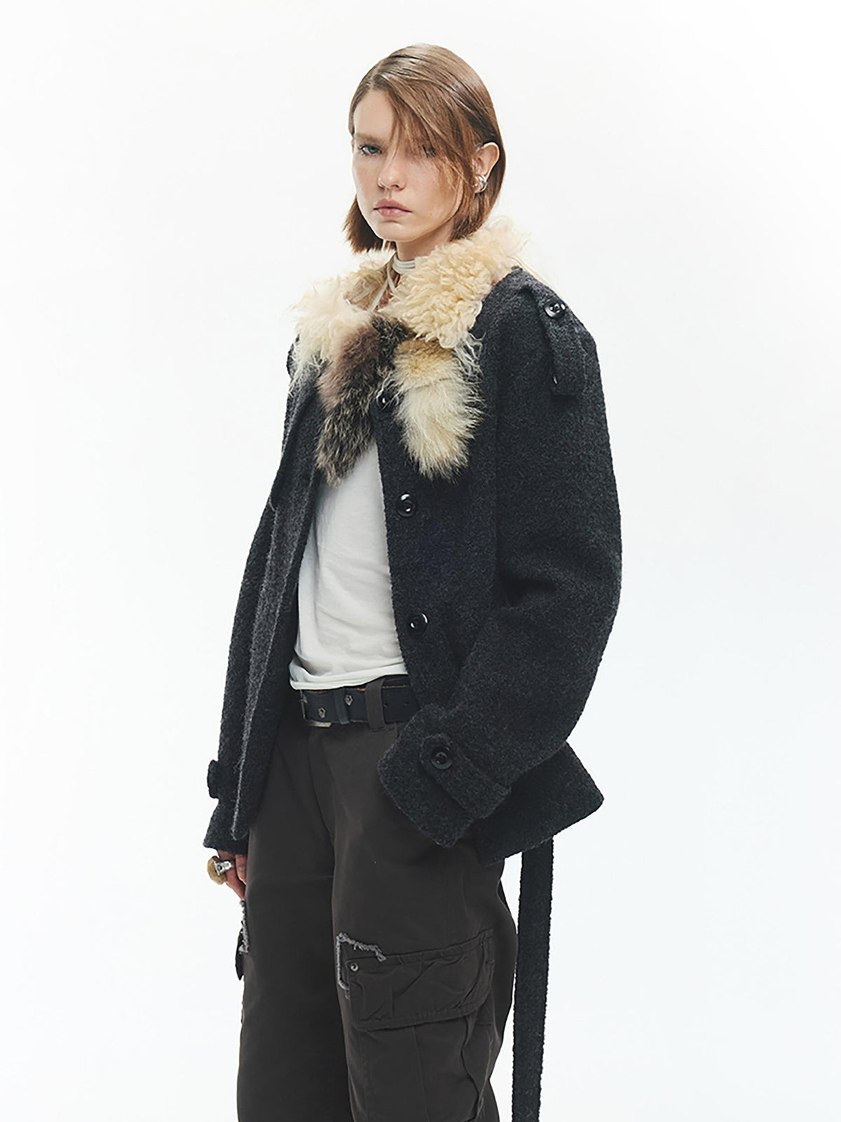 ENDO PER SE Solid Color Structured Round Neck Wool Women's Short Coats