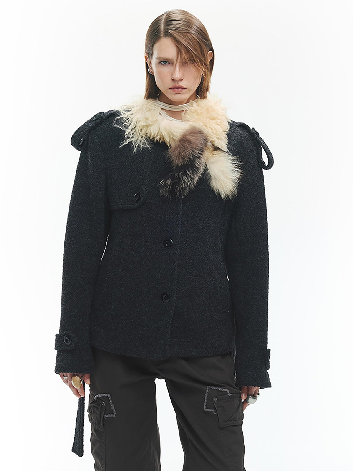 ENDO PER SE Solid Color Structured Round Neck Wool Women's Short Coats