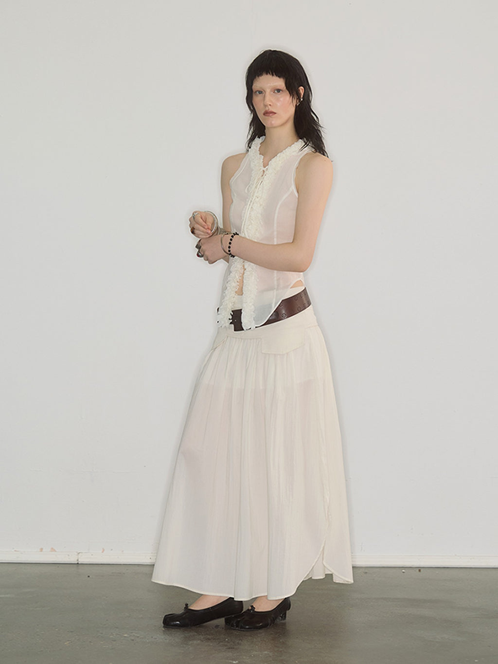 ENDO PER SE Spliced Ruched Side Slit Women's Cotton Nylon Blend Maxi Skirts