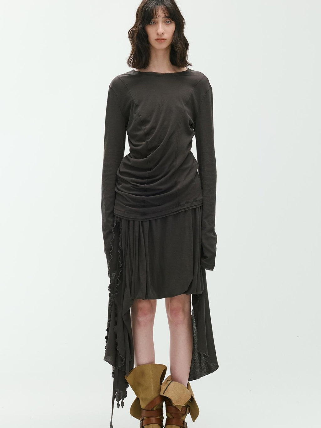 ENDO PER SE Vintage Asymmetric Drawstring Ruched A Line Women's Cotton Midi Skirts