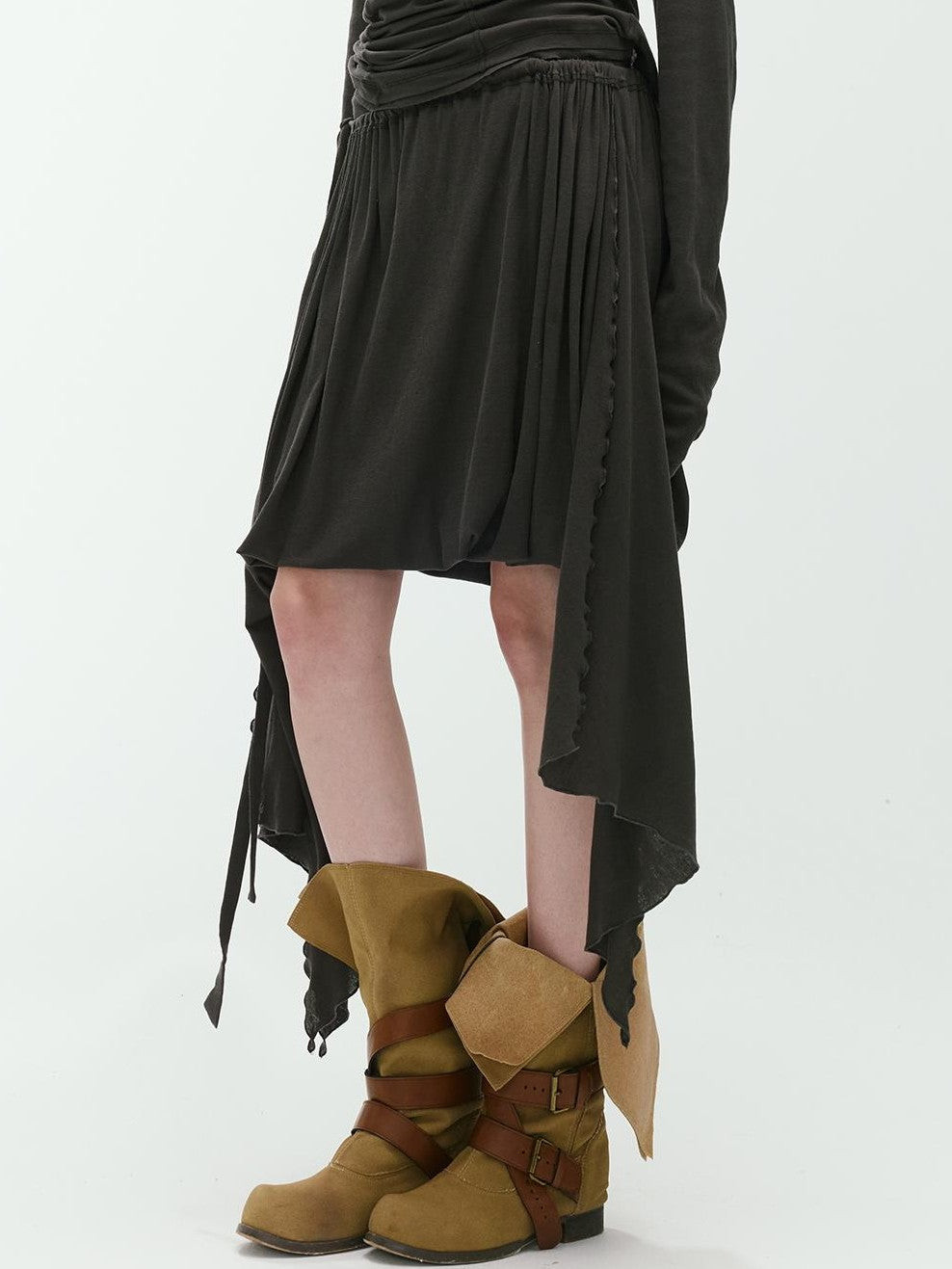ENDO PER SE Vintage Asymmetric Drawstring Ruched A Line Women's Cotton Midi Skirts