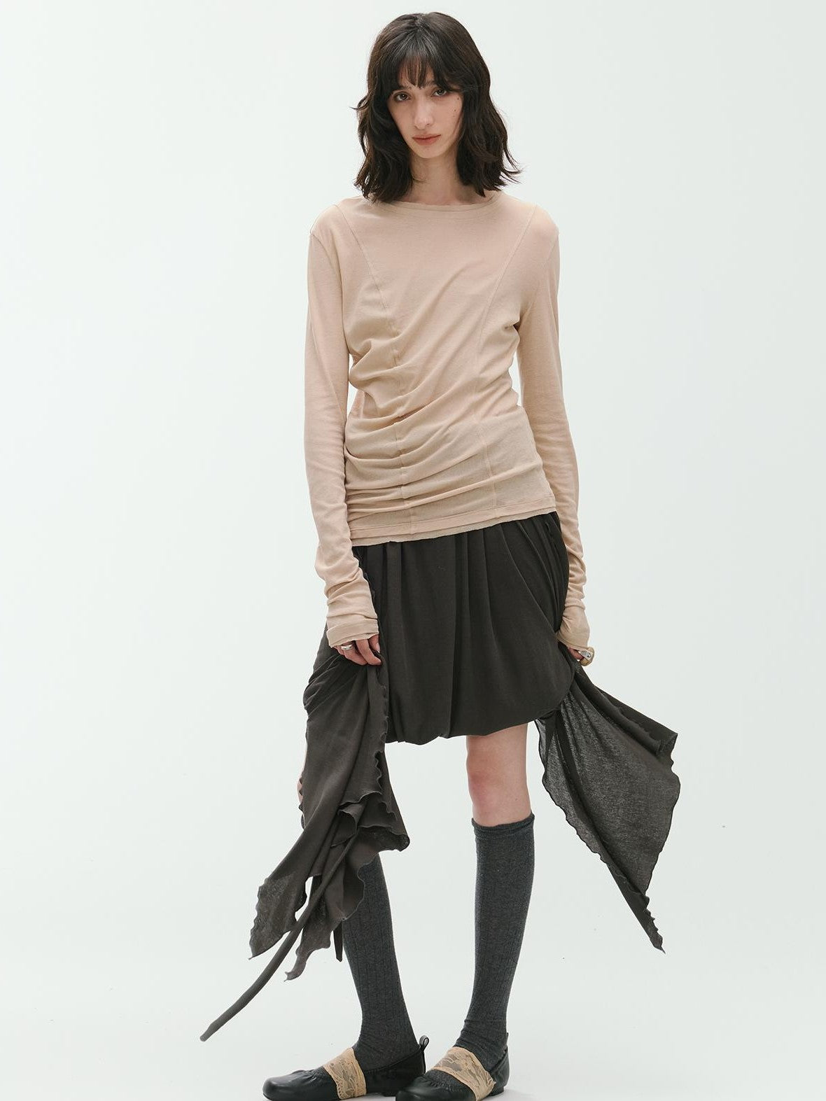ENDO PER SE Vintage Asymmetric Drawstring Ruched A Line Women's Cotton Midi Skirts
