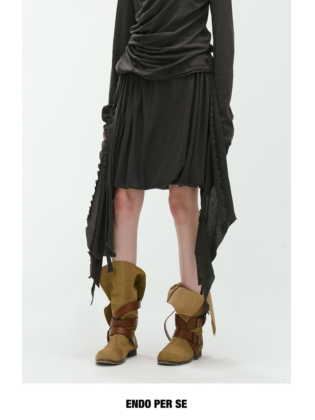 ENDO PER SE Vintage Asymmetric Drawstring Ruched A Line Women's Cotton Midi Skirts