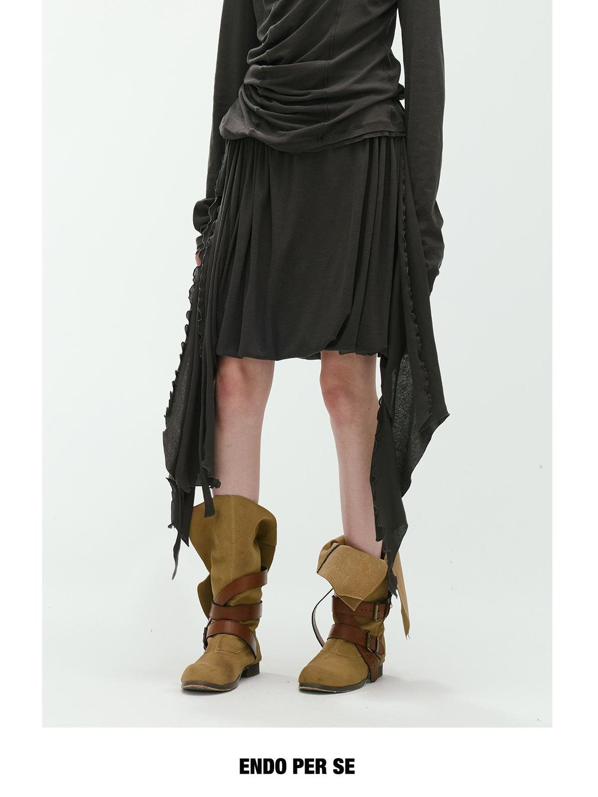 ENDO PER SE Vintage Asymmetric Drawstring Ruched A Line Women's Cotton Midi Skirts