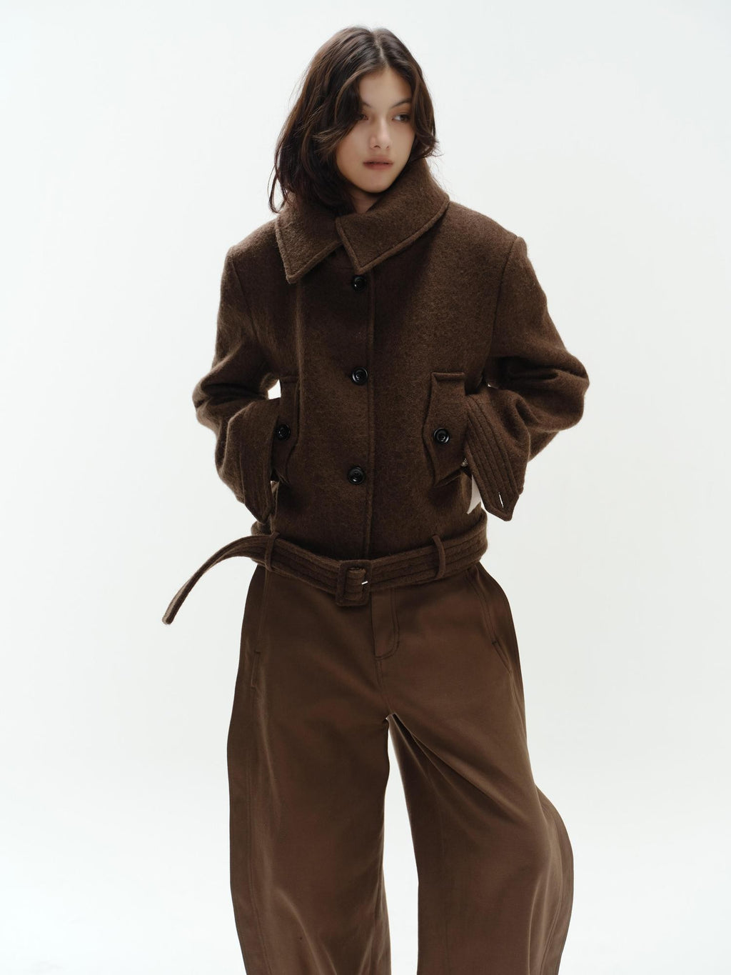 ENDO PER SE Vintage Belted Straight Fit Wool Blend Women's Short Coats