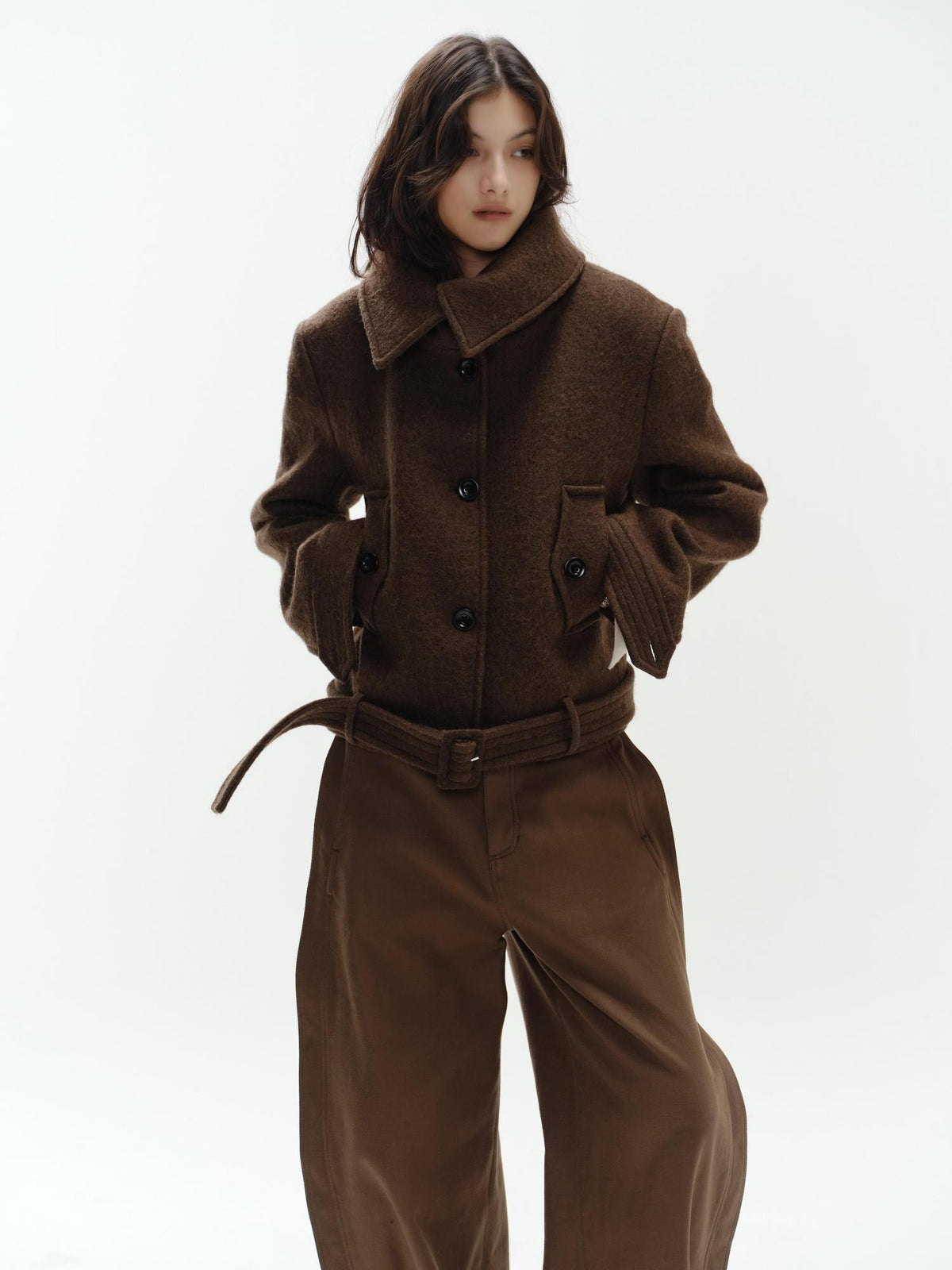ENDO PER SE Vintage Belted Straight Fit Wool Blend Women's Short Coats