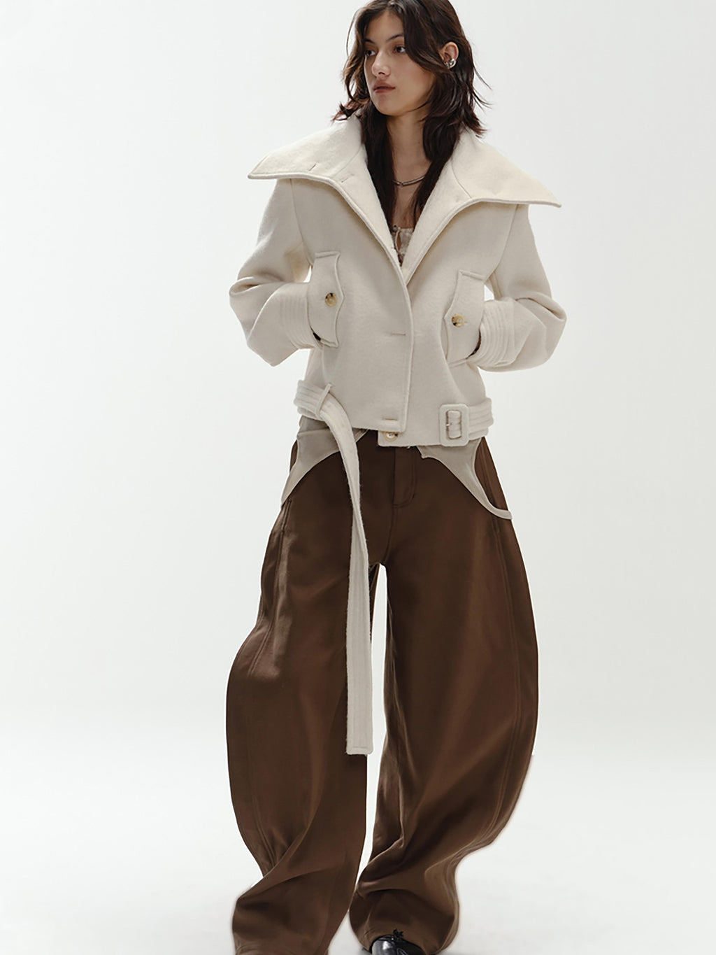 ENDO PER SE Vintage Belted Straight Fit Wool Blend Women's Short Coats