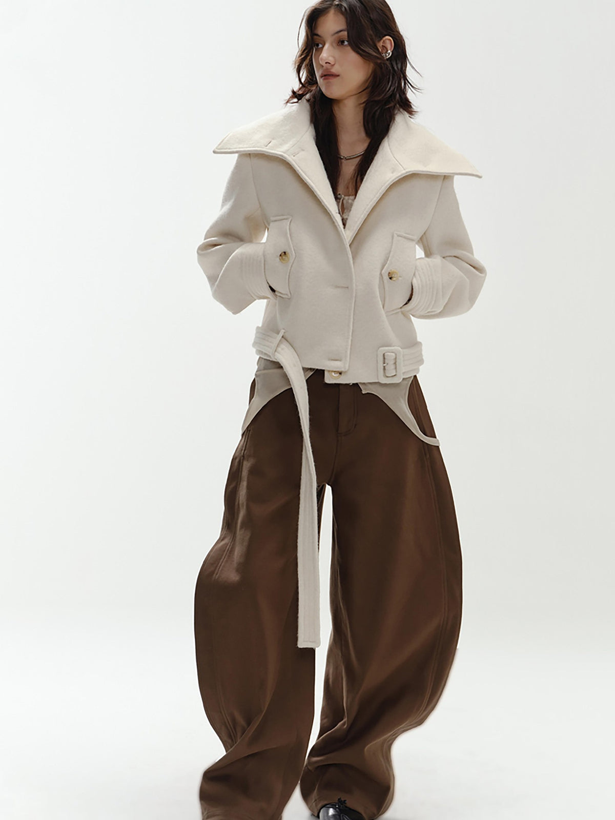 ENDO PER SE Vintage Belted Straight Fit Wool Blend Women's Short Coats