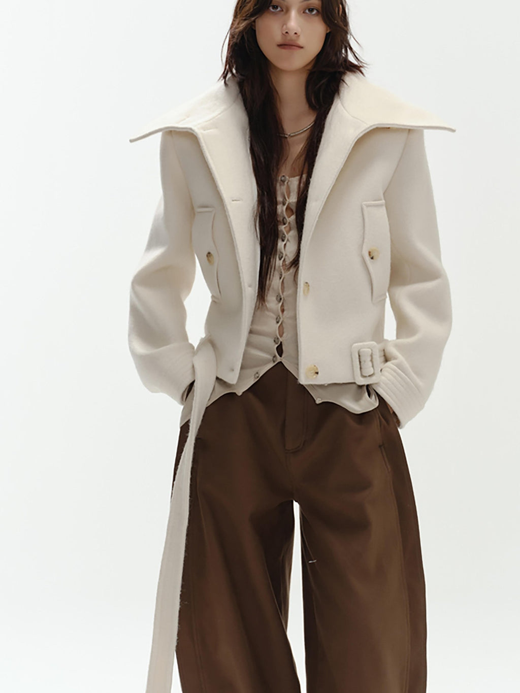 ENDO PER SE Vintage Belted Straight Fit Wool Blend Women's Short Coats