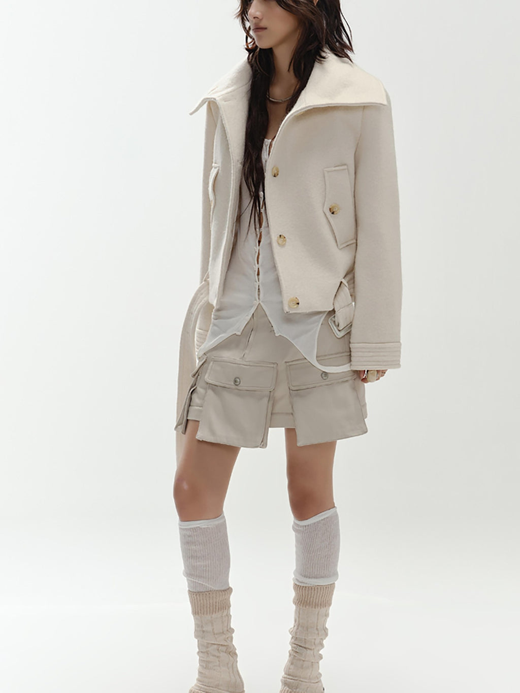 ENDO PER SE Vintage Belted Straight Fit Wool Blend Women's Short Coats