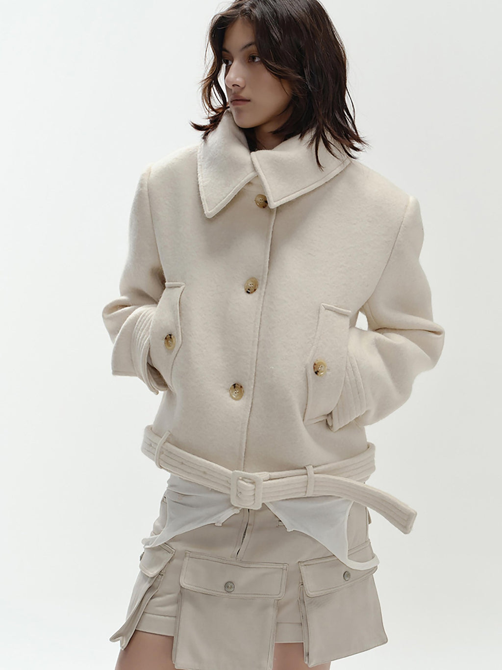 ENDO PER SE Vintage Belted Straight Fit Wool Blend Women's Short Coats