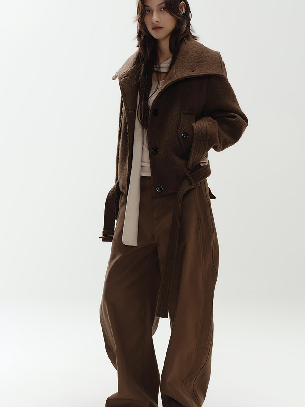 ENDO PER SE Vintage Belted Straight Fit Wool Blend Women's Short Coats