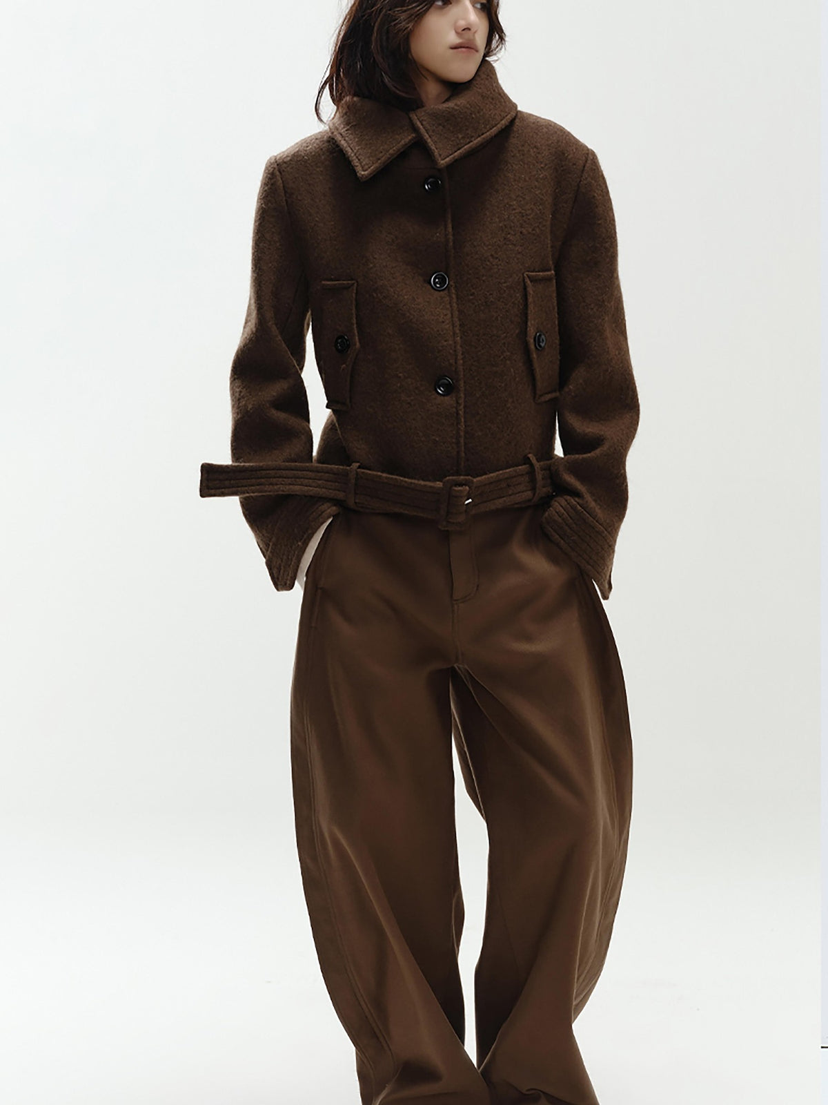 ENDO PER SE Vintage Belted Straight Fit Wool Blend Women's Short Coats