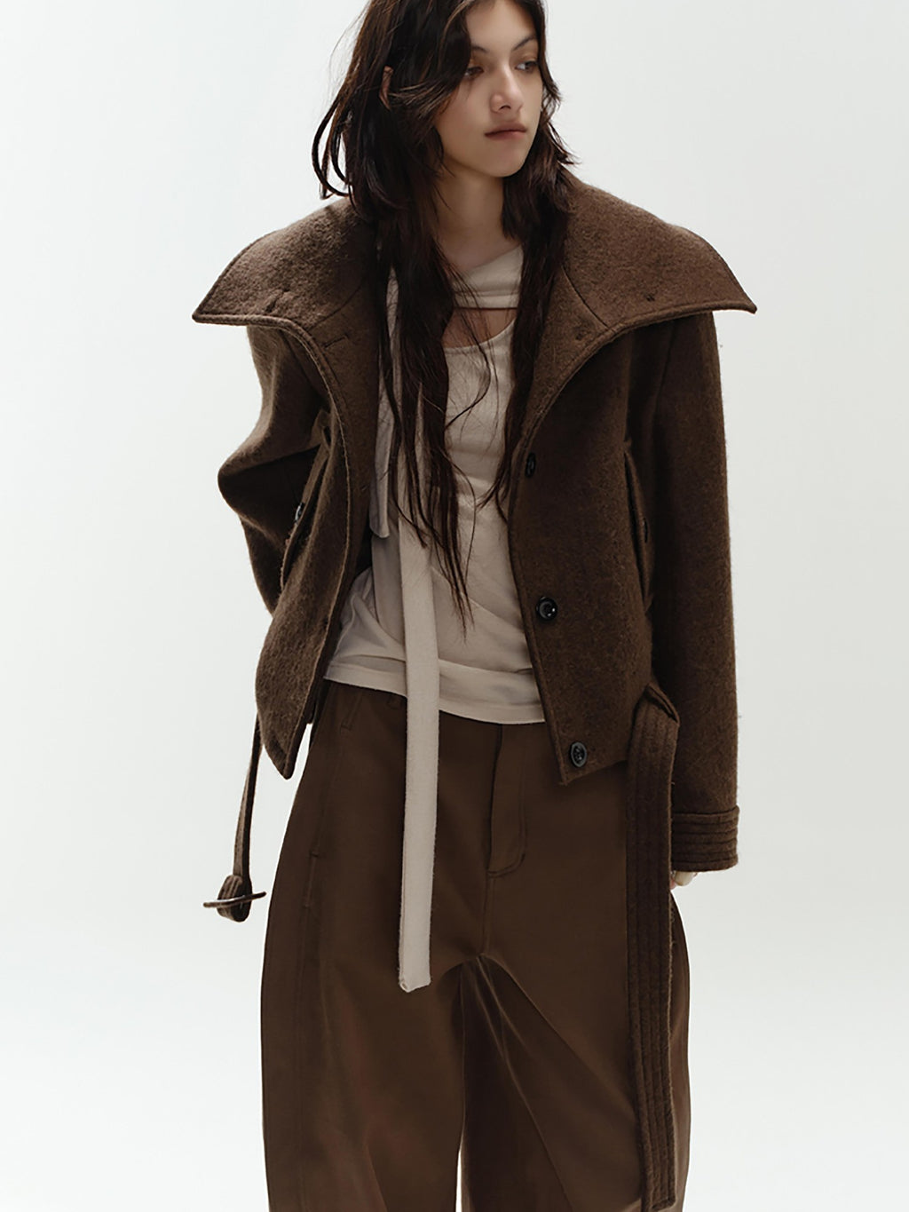 ENDO PER SE Vintage Belted Straight Fit Wool Blend Women's Short Coats