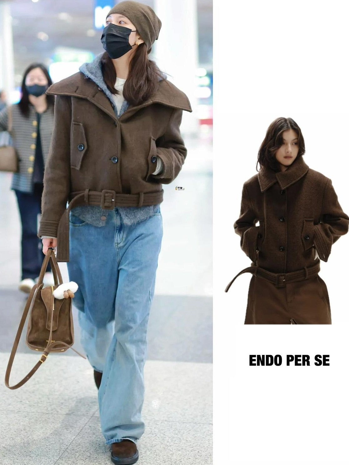 ENDO PER SE Vintage Belted Straight Fit Wool Blend Women's Short Coats