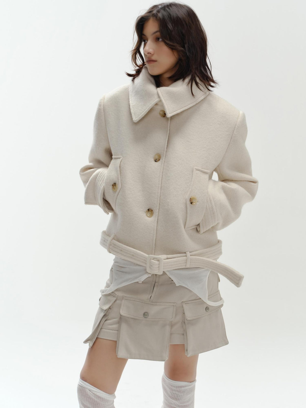 ENDO PER SE Vintage Belted Straight Fit Wool Blend Women's Short Coats