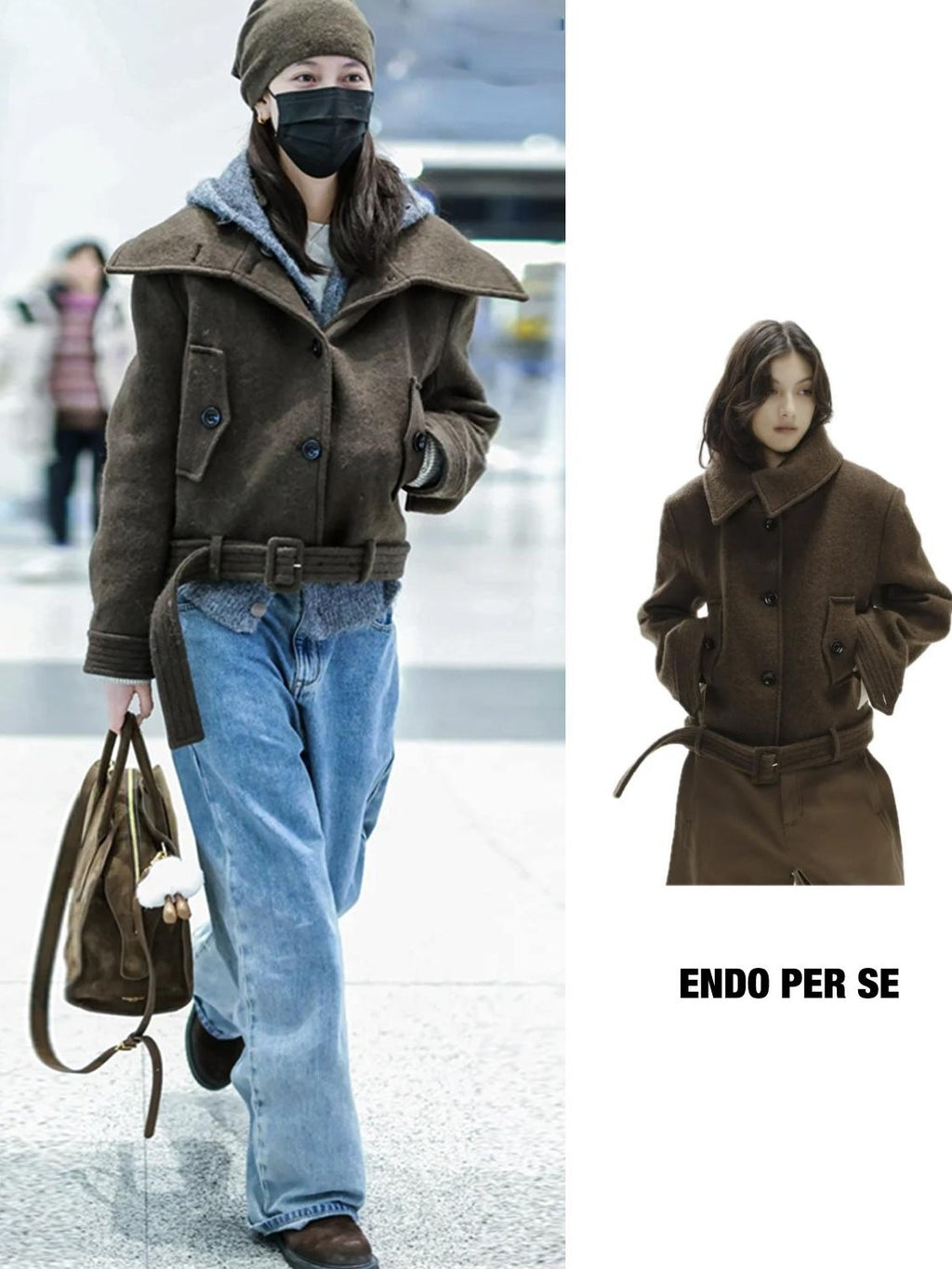 ENDO PER SE Vintage Belted Straight Fit Wool Blend Women's Short Coats