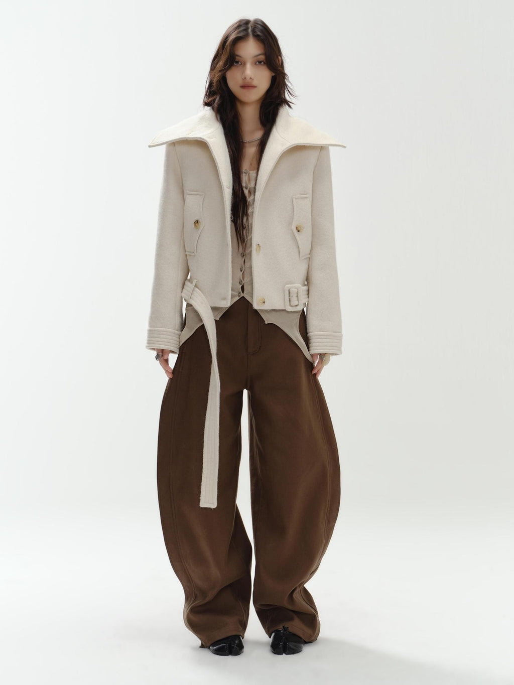 ENDO PER SE Vintage Belted Straight Fit Wool Blend Women's Short Coats