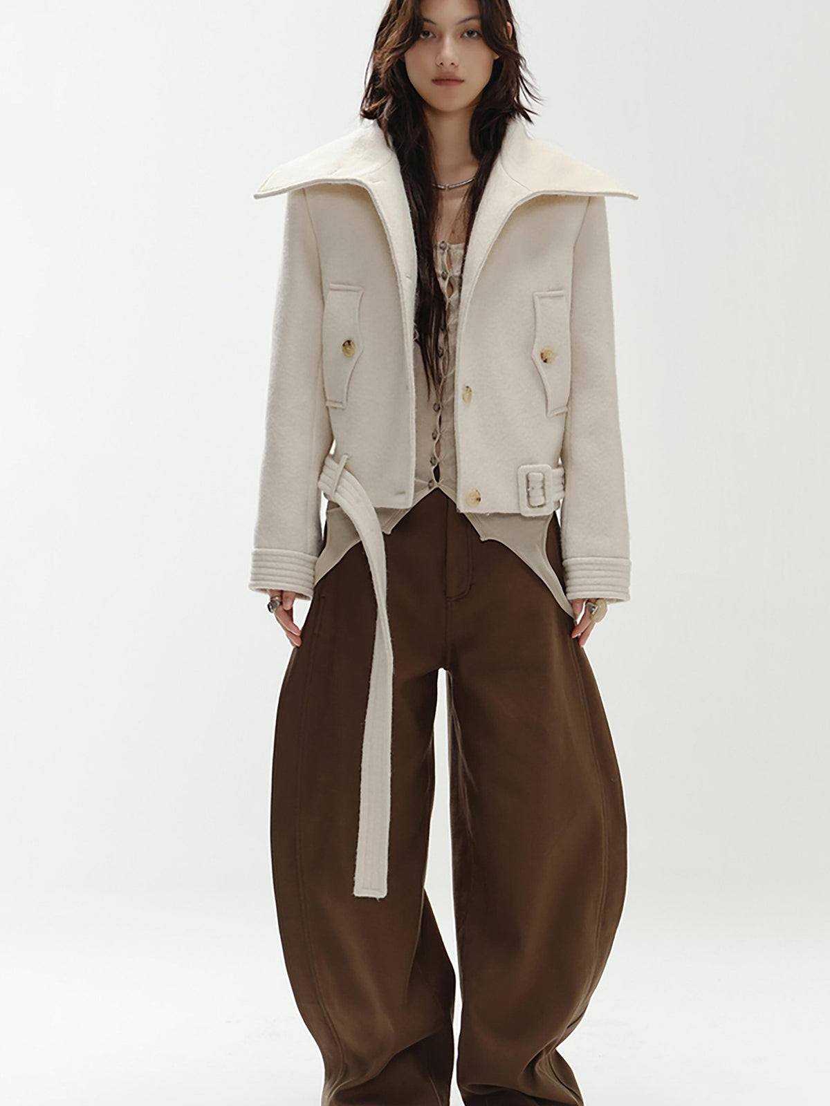 ENDO PER SE Vintage Belted Straight Fit Wool Blend Women's Short Coats