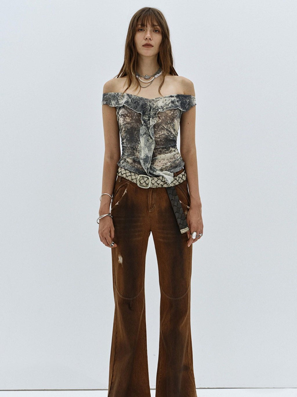 ENDO PER SE Vintage Distressed Low Rise Slim Women's Cotton Stretch Denim Flare Pants