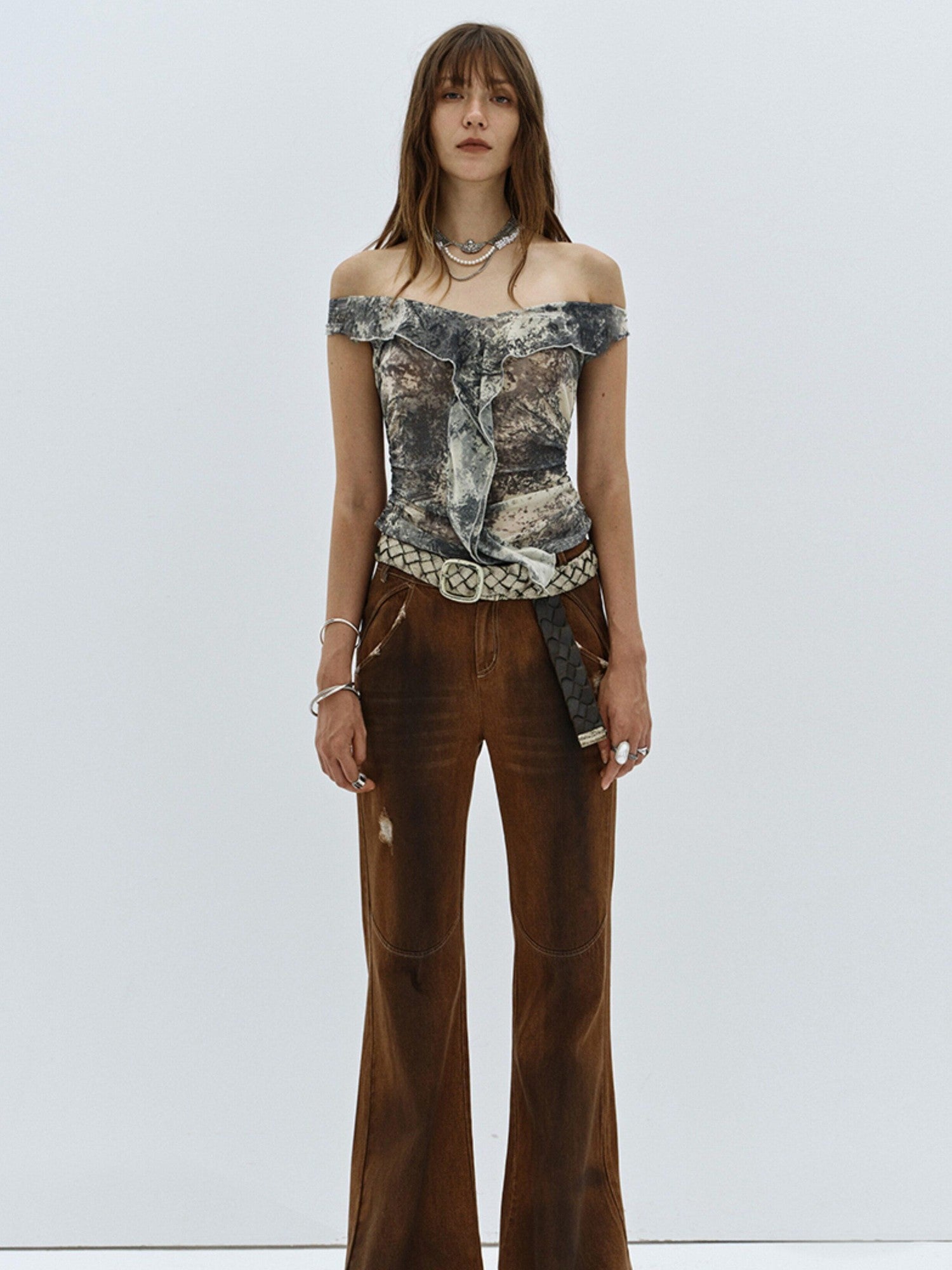 ENDO PER SE Vintage Distressed Low Rise Slim Women's Cotton Stretch Denim Flare Pants