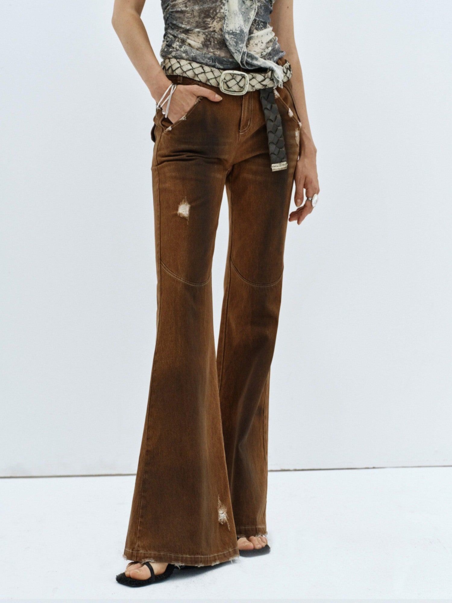 ENDO PER SE Vintage Distressed Low Rise Slim Women's Cotton Stretch Denim Flare Pants
