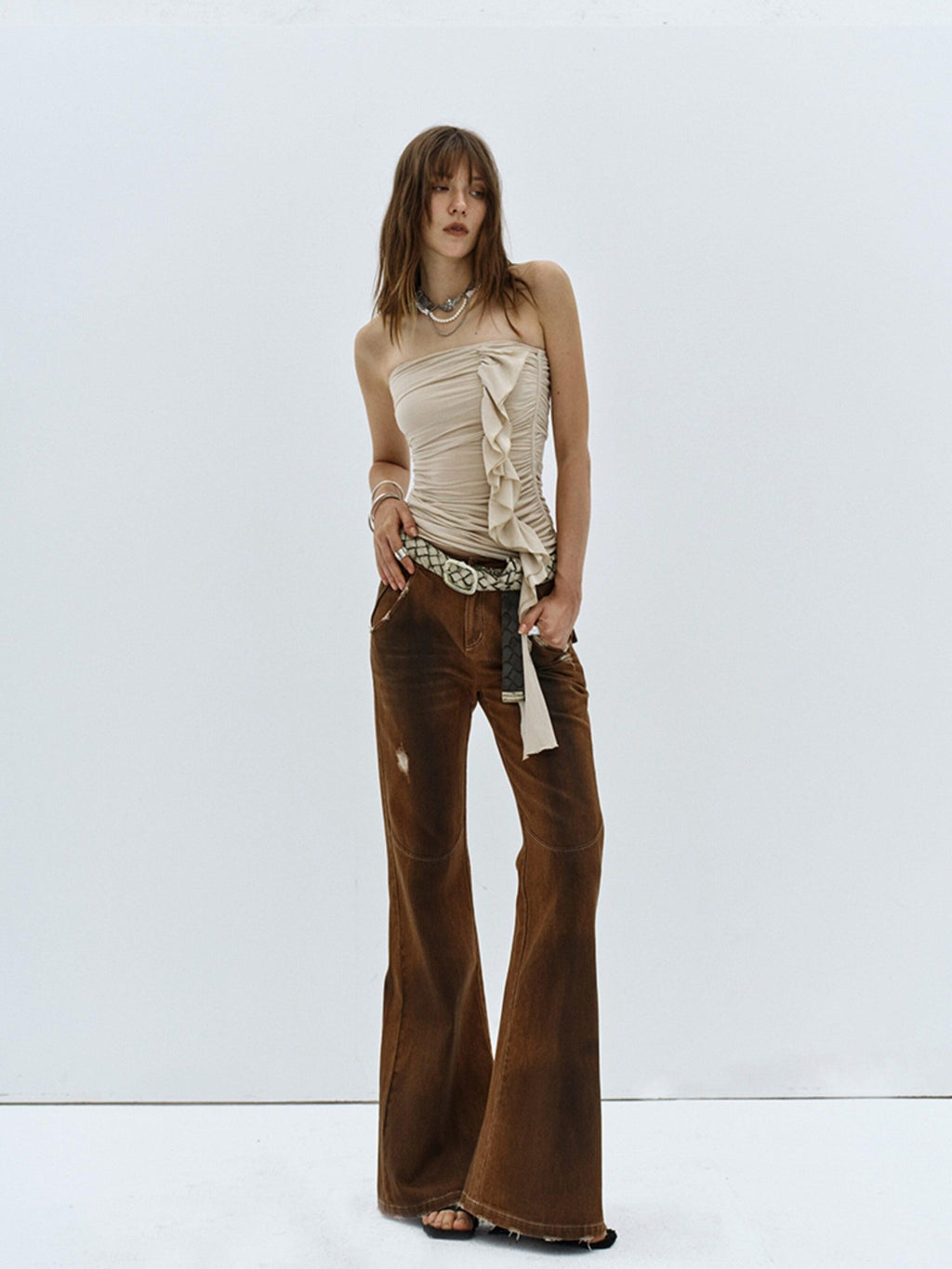 ENDO PER SE Vintage Distressed Low Rise Slim Women's Cotton Stretch Denim Flare Pants